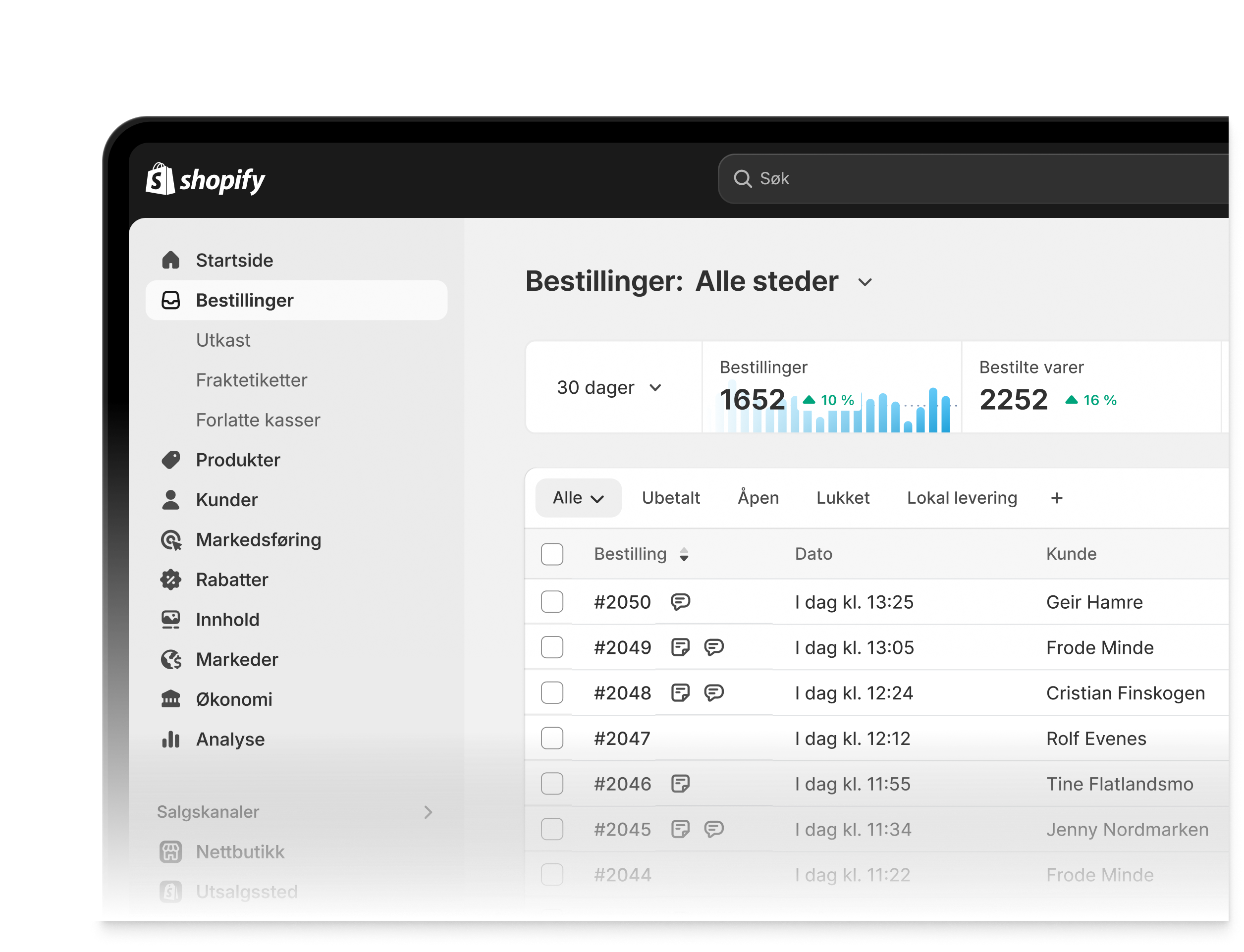 Interaktiv animasjon av Shopify-administrator. Her får du sett på alle delene: Bestillinger, Produkter, Kunder, Innhold, Økonomi, Analyse, Markedsføring, Rabatter og Markeder
